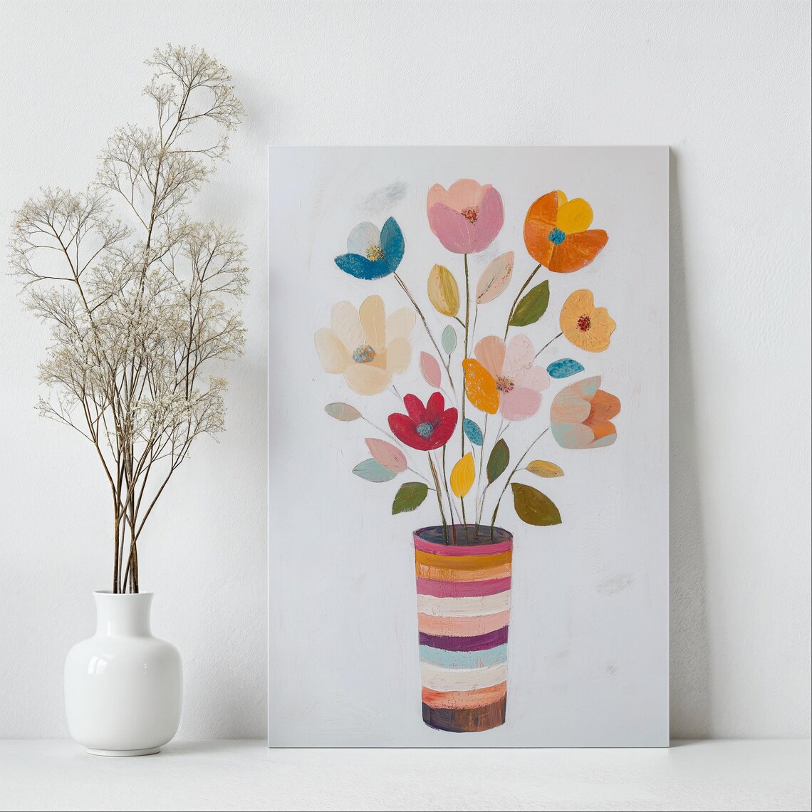 Playful Folk Art Flowers in Rainbow Striped Vase Colorful Wall Art