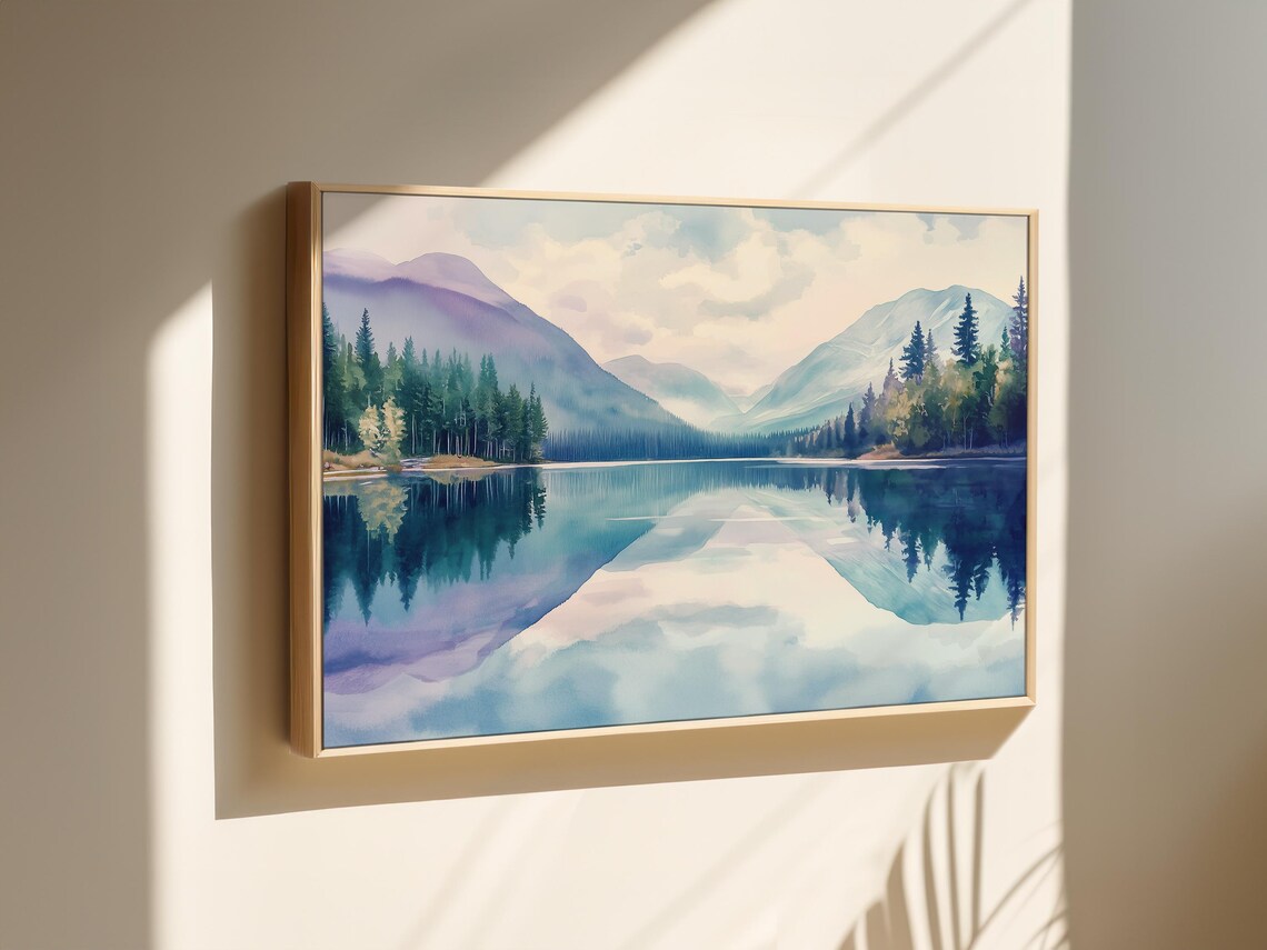 Still Mirror Lake With Mountains in Watercolor Painting Poster - Image 2