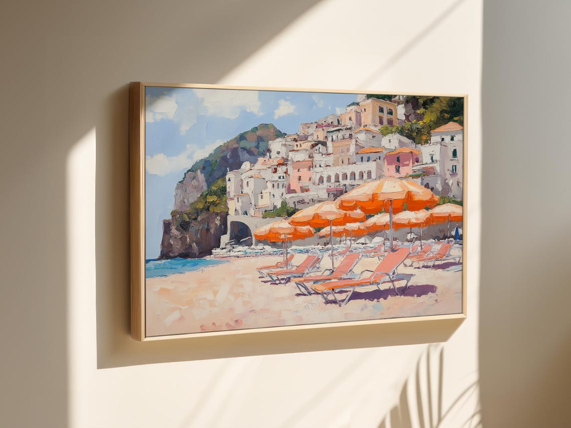 Seaside Town Beach Poster with Orange Umbrellas Lounge Chairs Art - Image 2