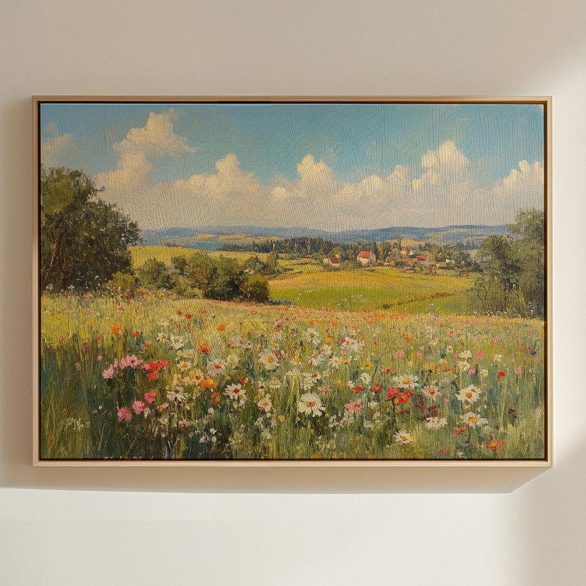 Vintage Wildflower Meadow Overlooking a Distant Village Poster