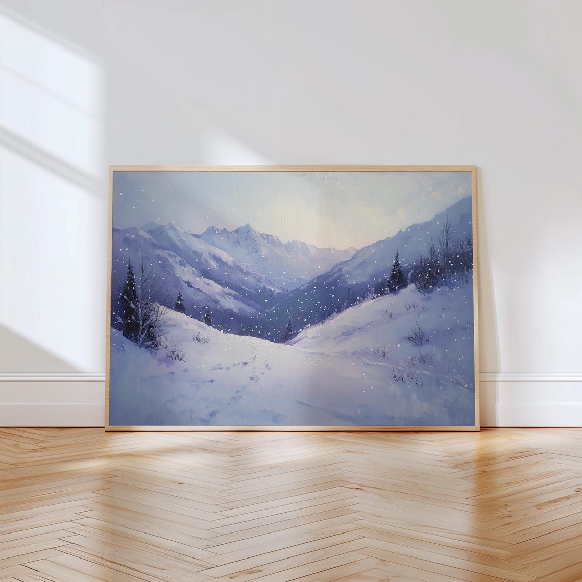 Snowy Mountain Valley at Dusk With Gently Falling Snow Poster - Image 3