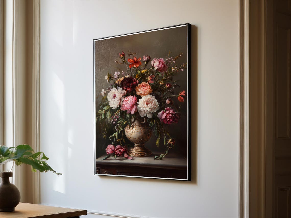 Classic Mixed Peony Bouquet Still Life Dark Vintage Wall Art - Image 2