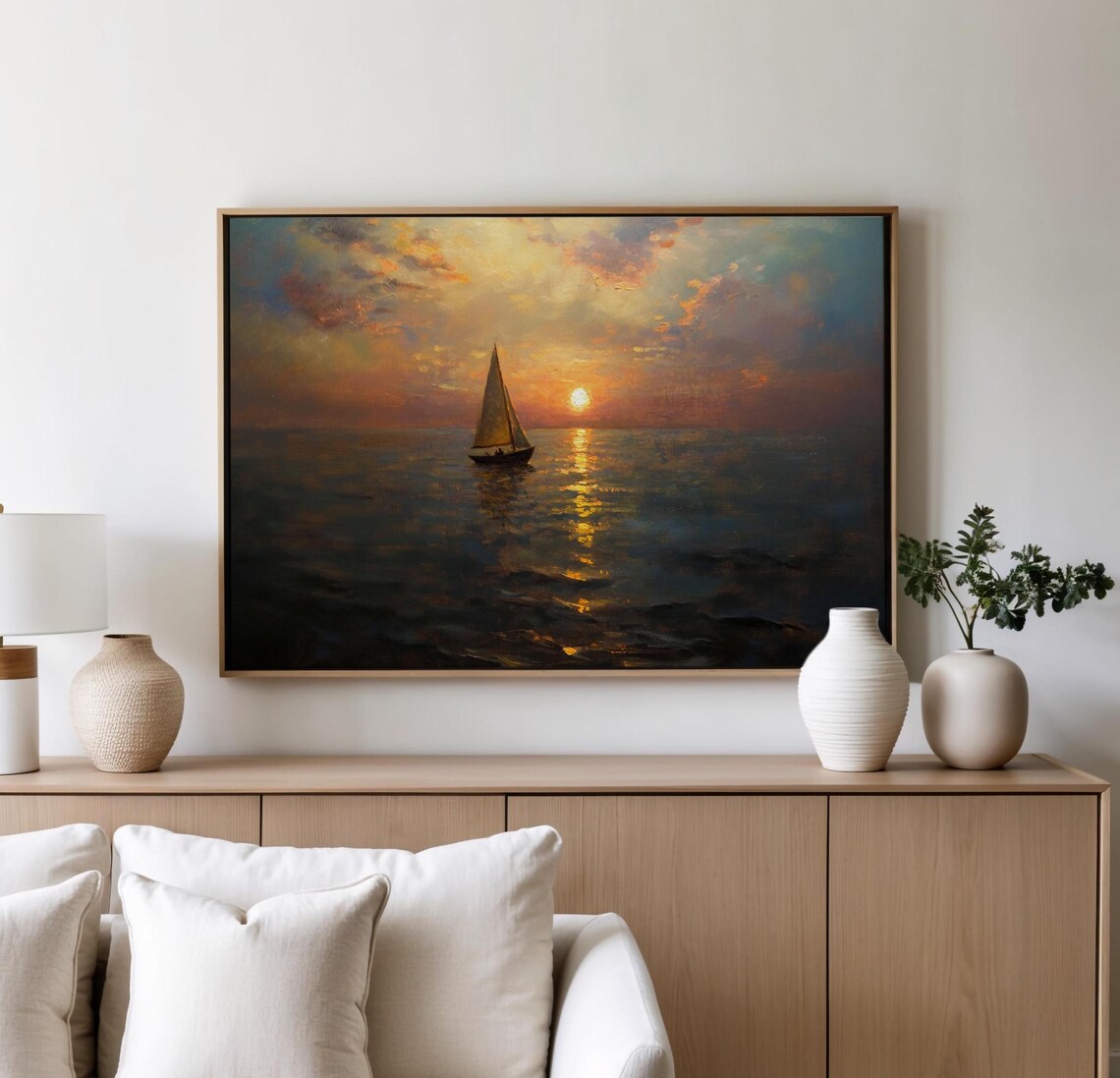 Lone Sailboat at Sunset over Golden Hour Ocean Seascape Wall Art