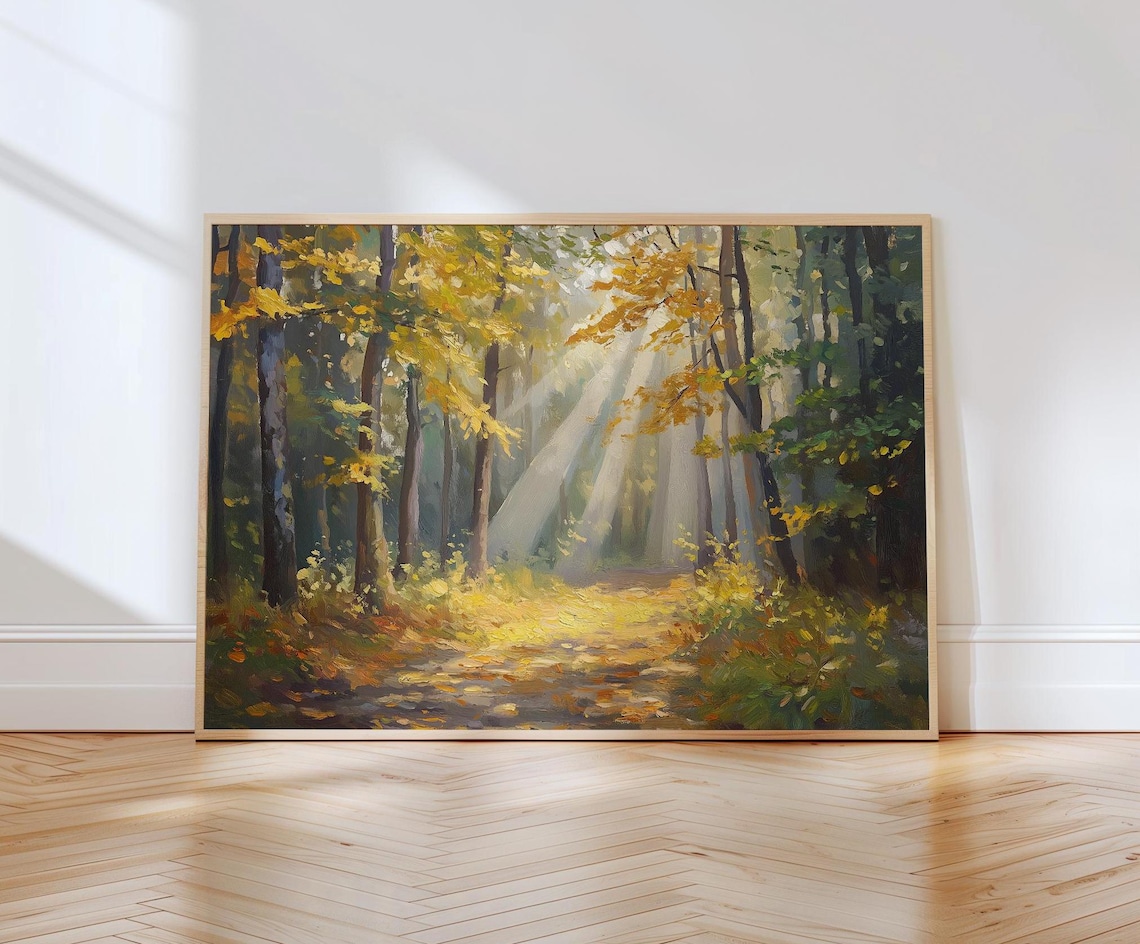 Autumn Forest Path With Golden Sunbeams Oil Painting Art Poster
