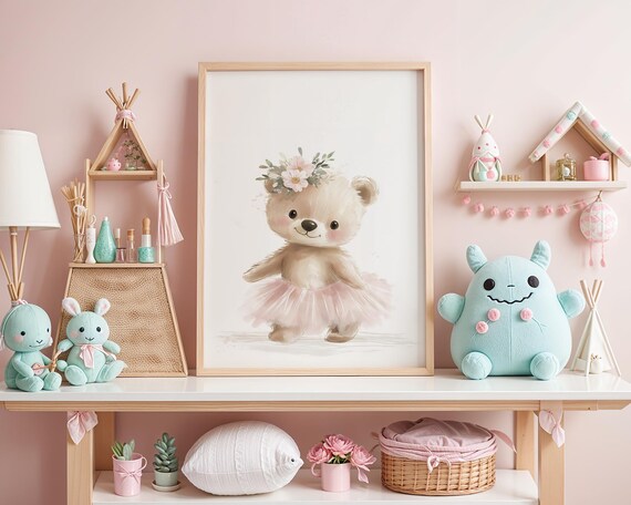 Cuddly Ballet Bear Teddy Watercolor Nursery Wall Art Pink Tutu Art