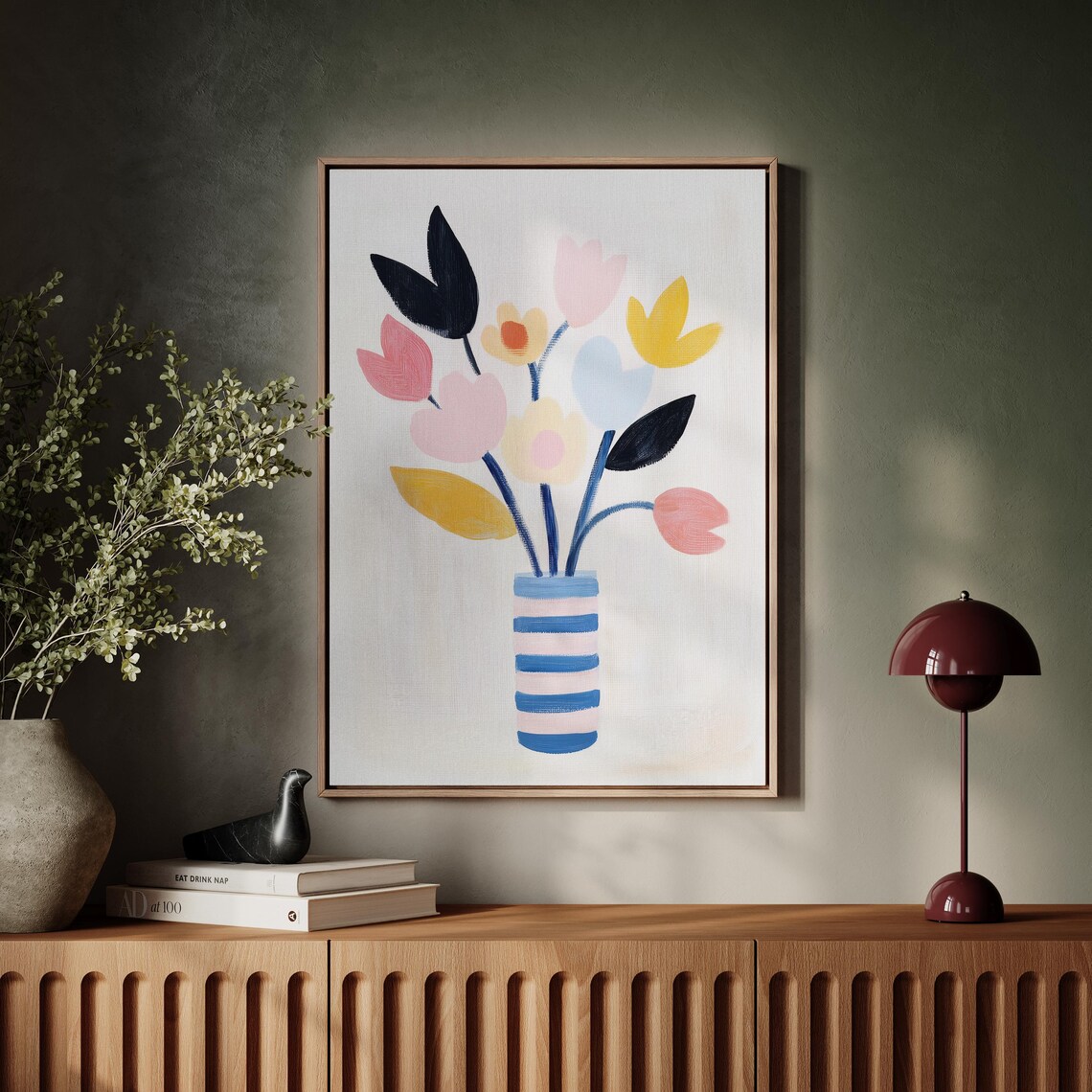 Minimalist Pastel Tulips Floral Painting with Blue Vase Wall Art - Image 4