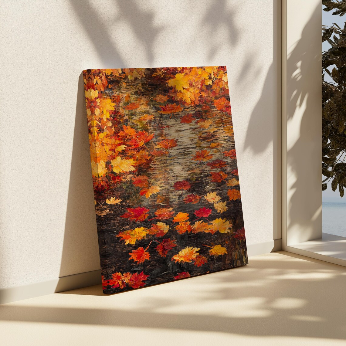 Bright Autumn Maple Leaves Floating on a Dark Forest Stream Poster - Image 3