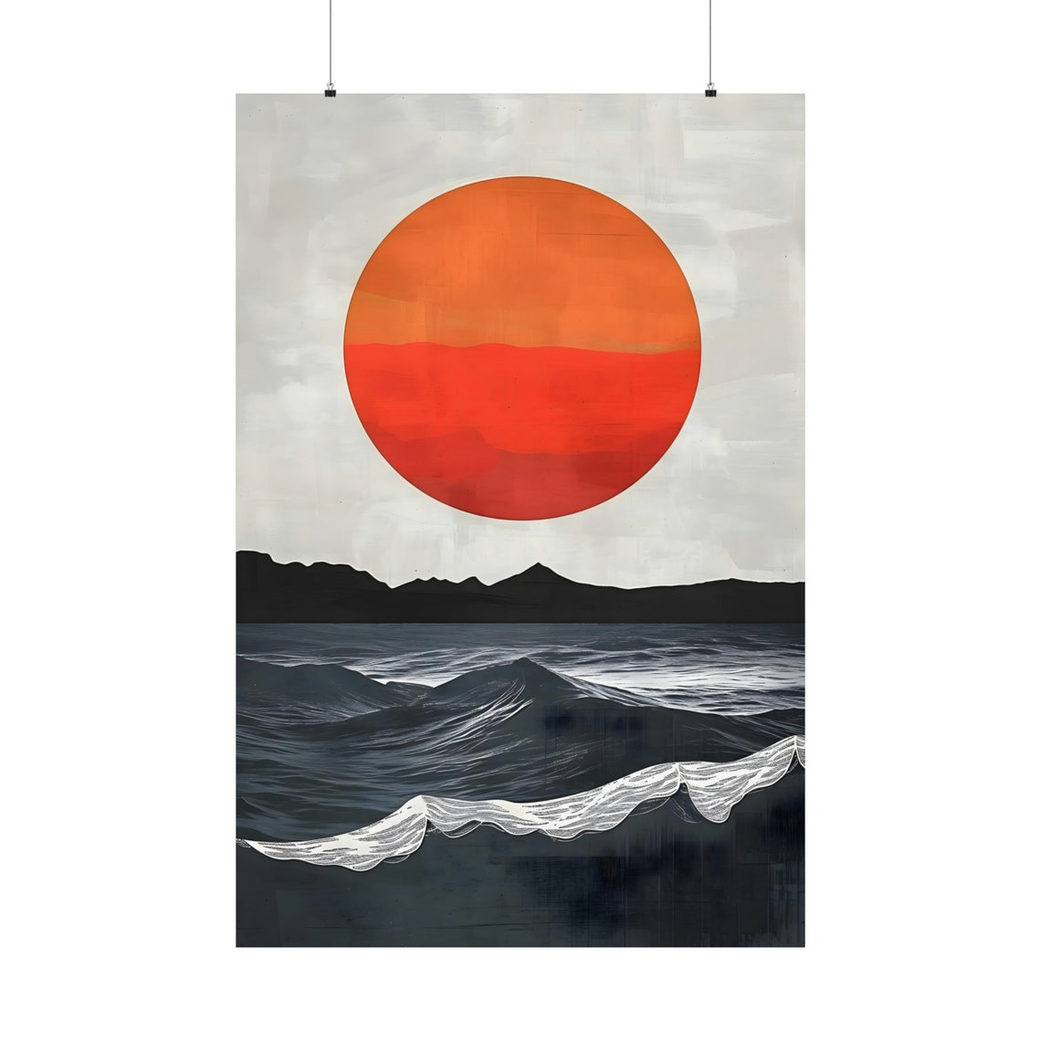 Minimalist Red Sun Ocean Waves Japanese Style Wall Art Decor