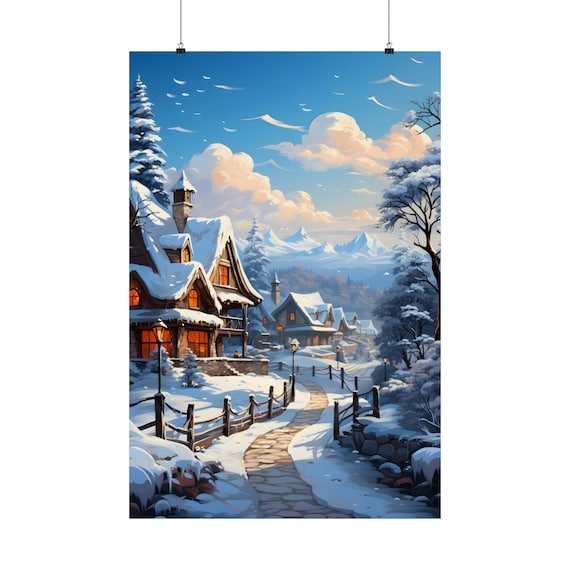 Snowy Winter Village with Stone Path and Wooden Houses Art Poster