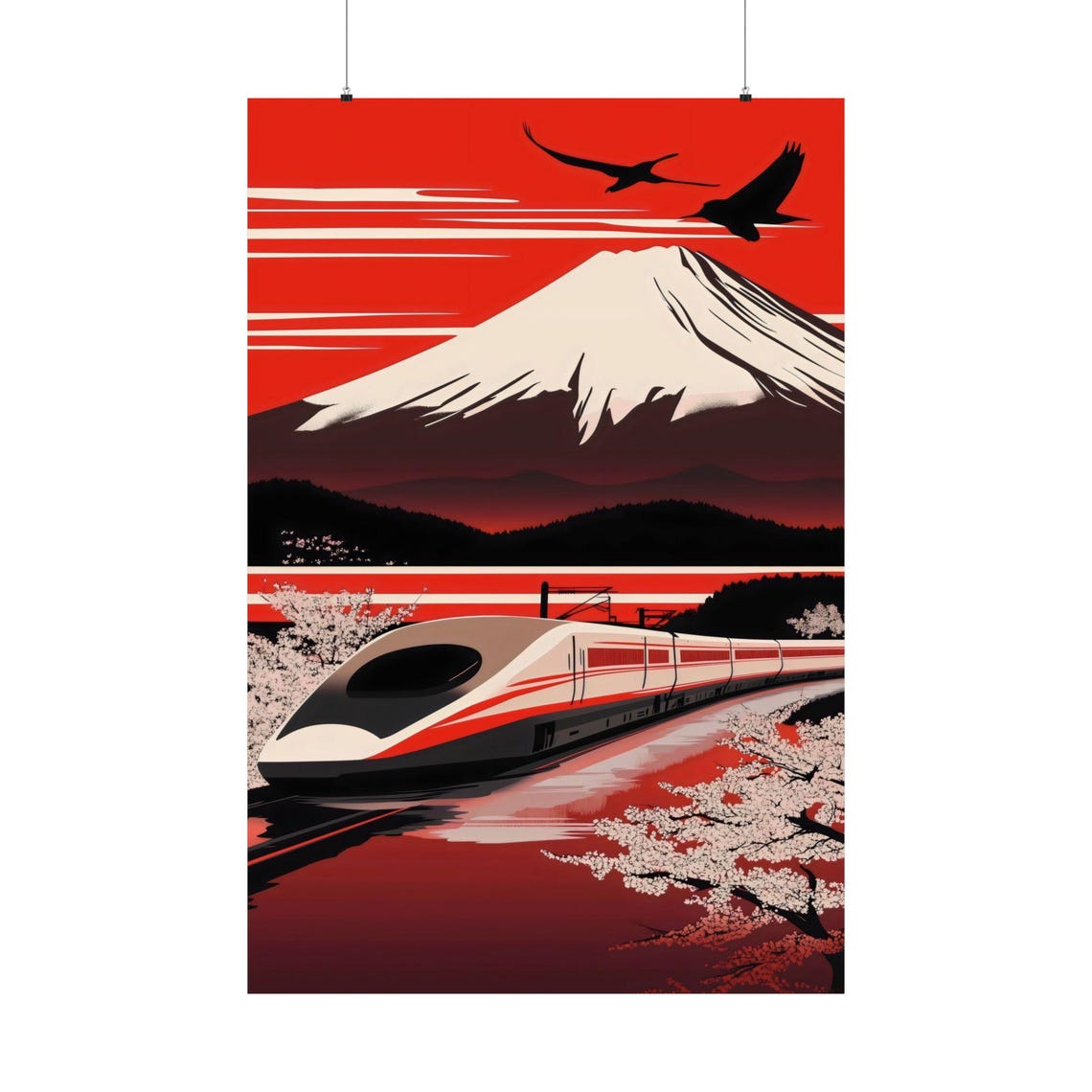 Japan Bullet Train Mount Fuji Cherry Blossom Red Sunset Poster