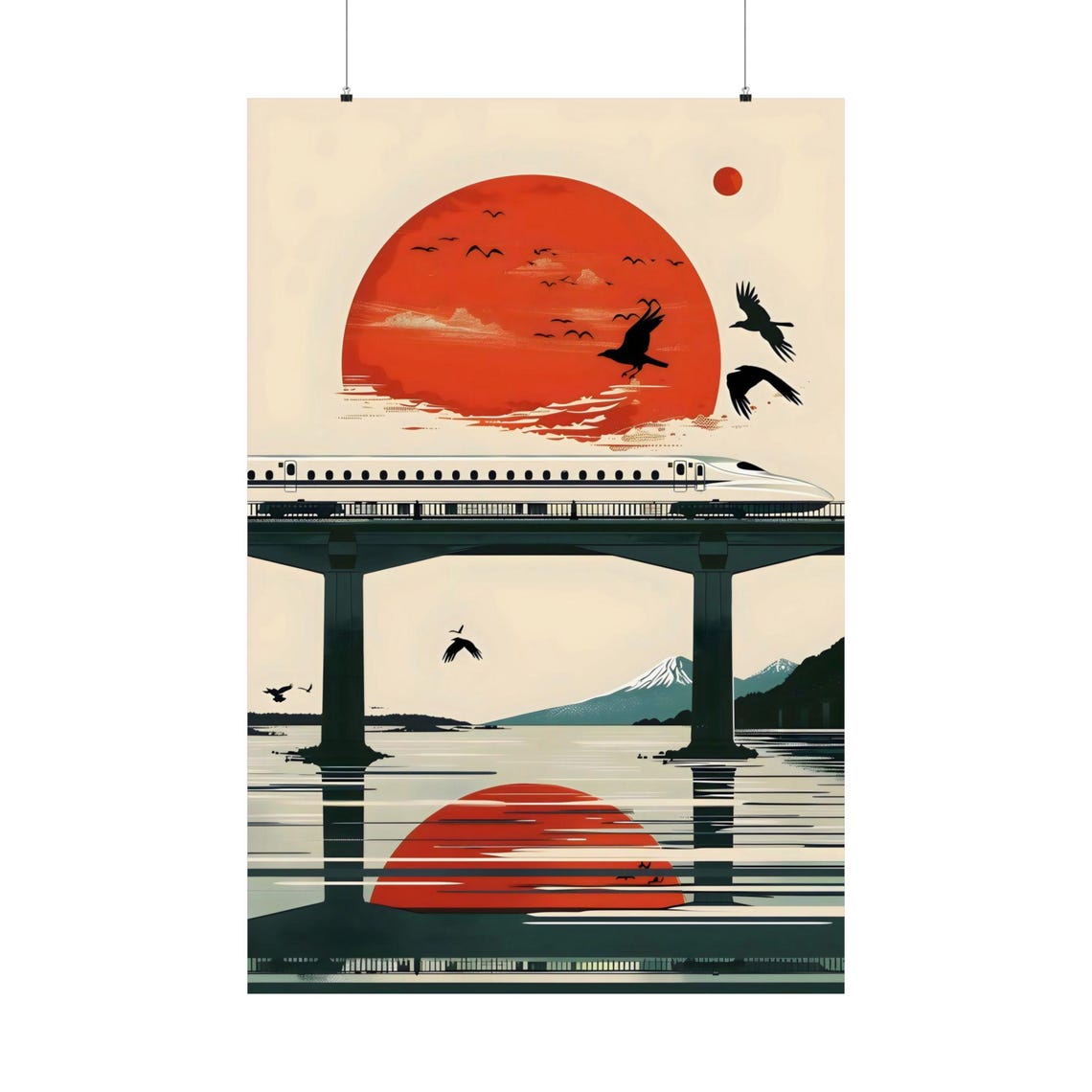 Japanese Bullet Train Mt Fuji Sunset Retro Travel Art Poster