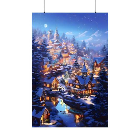 Snowy Winter Village At Night Glowing Christmas Town Art Poster