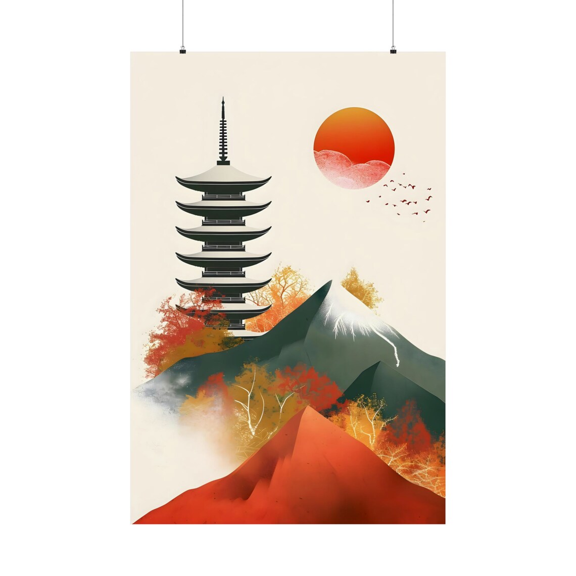 Japanese Pagoda Mount Fuji Red Sun Autumn Leaves Travel Poster