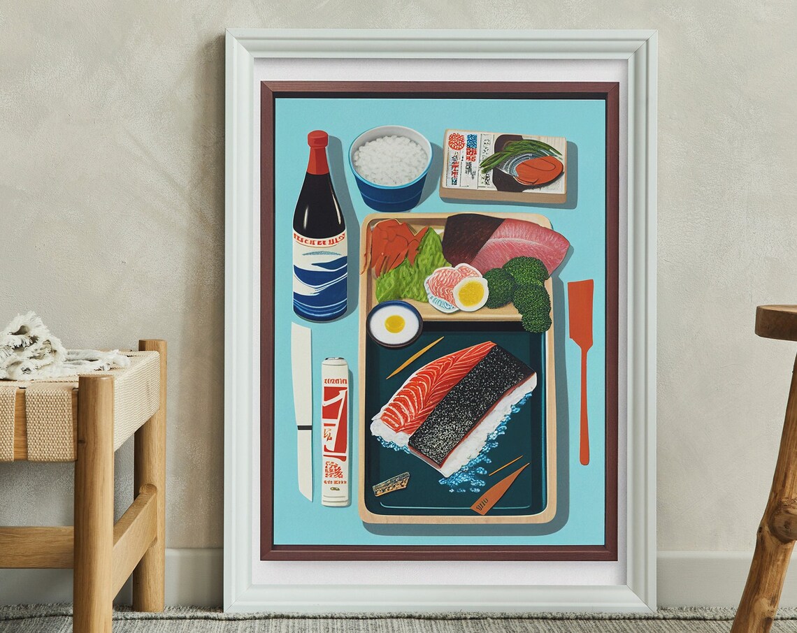 Vintage Japanese Sushi Sashimi Food Collage Kitchen Wall Art