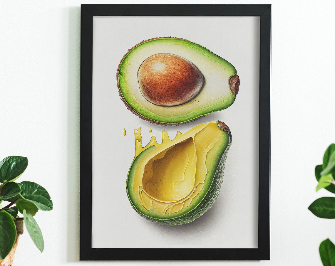 Modern Realistic Avocado Halves Fresh Green Fruit Kitchen Wall Art