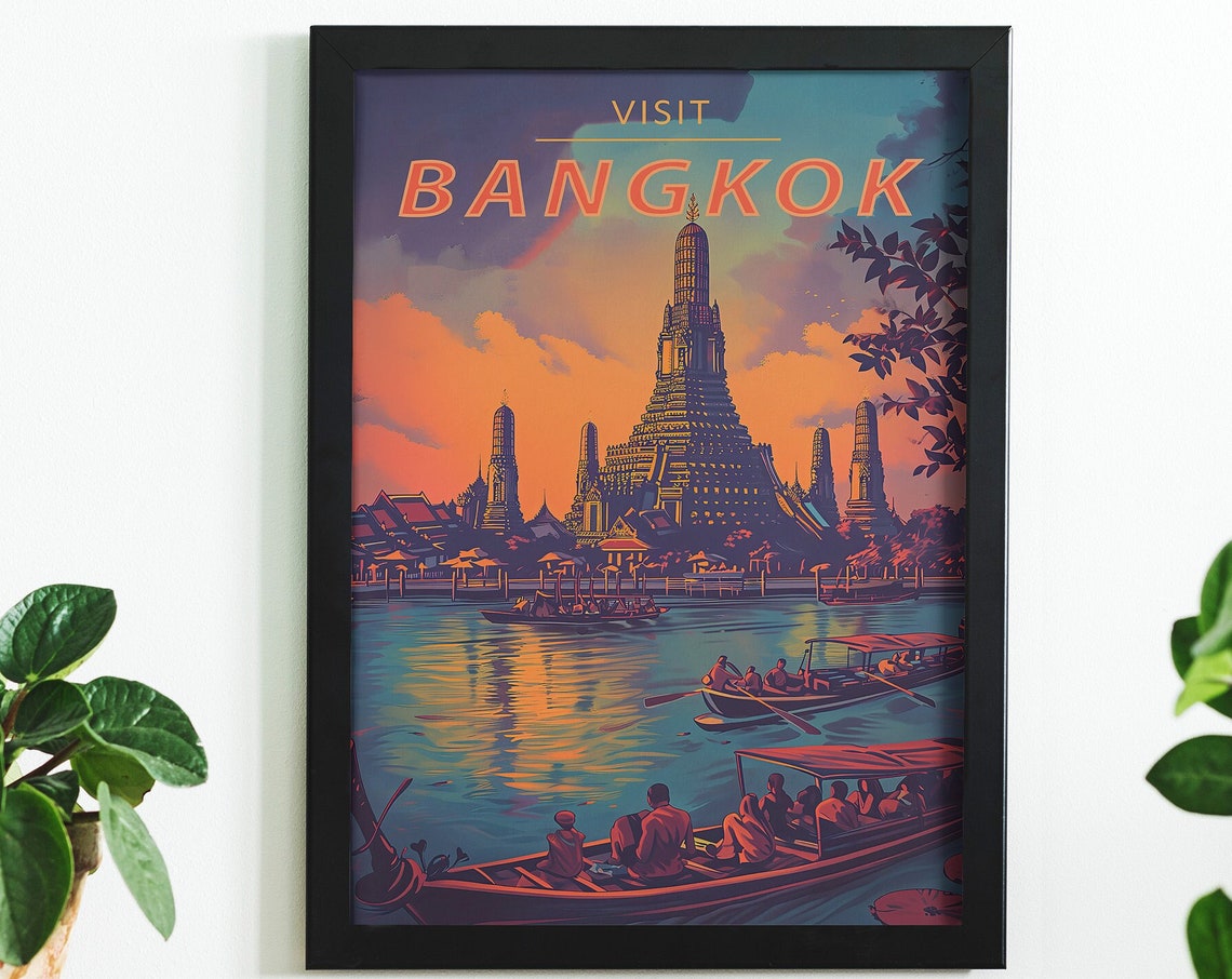 Vintage Visit Bangkok Wat Arun River Boats Sunset Travel Poster