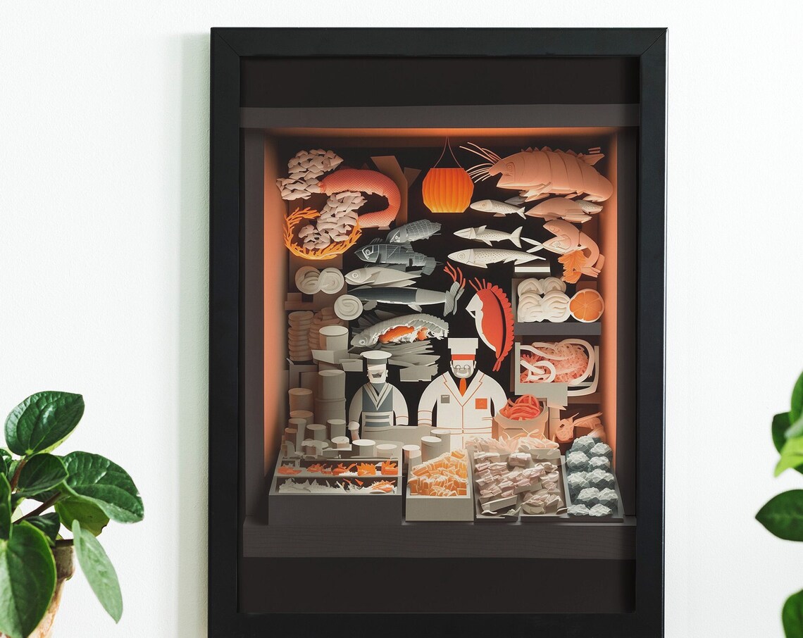 Japanese Fish Market Paper Cut Sushi Chef Scene Artwork Poster