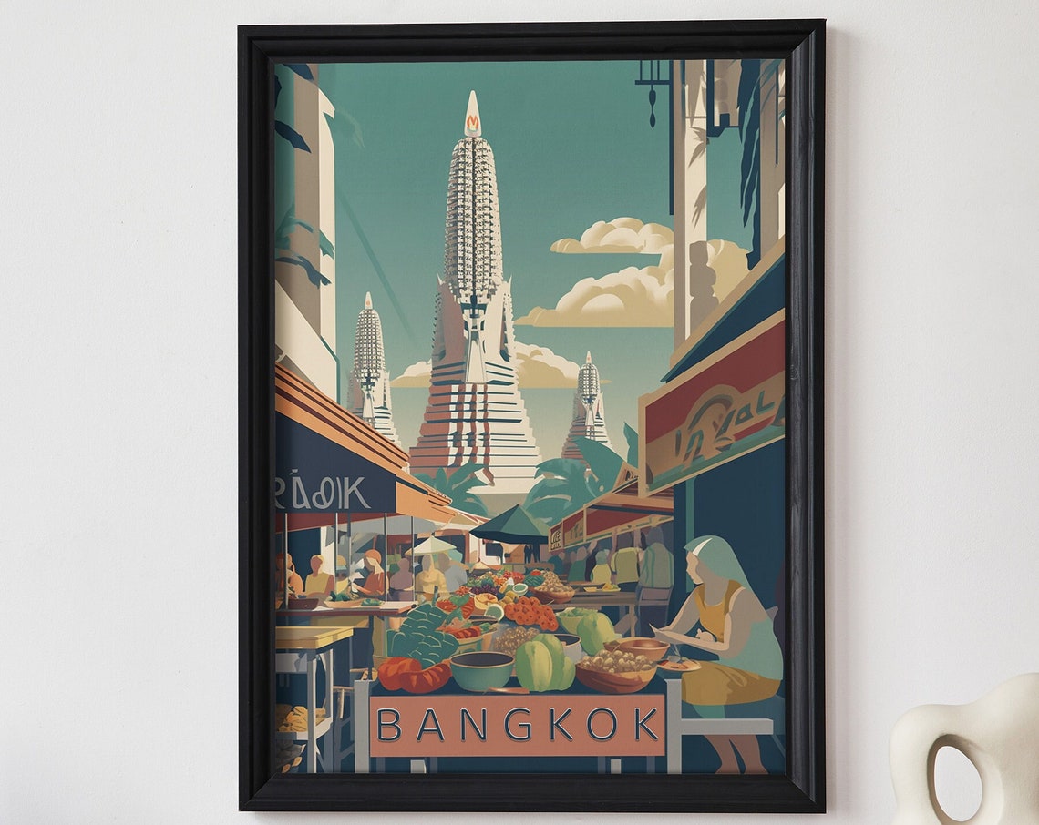 Bangkok Thailand Retro Art Deco Bustling Street Market Travel Poster