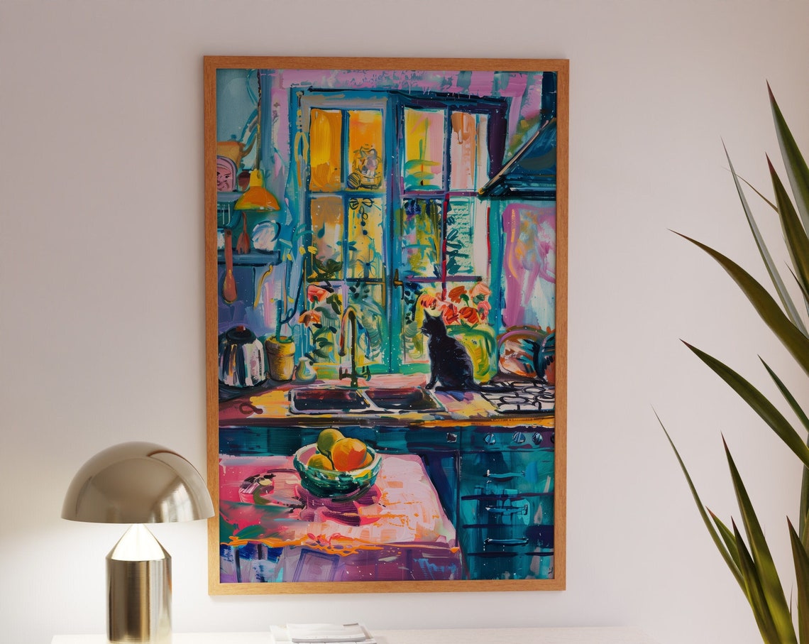Silhouetted Black Cat by a Glowing Kitchen Window at Dusk Poster