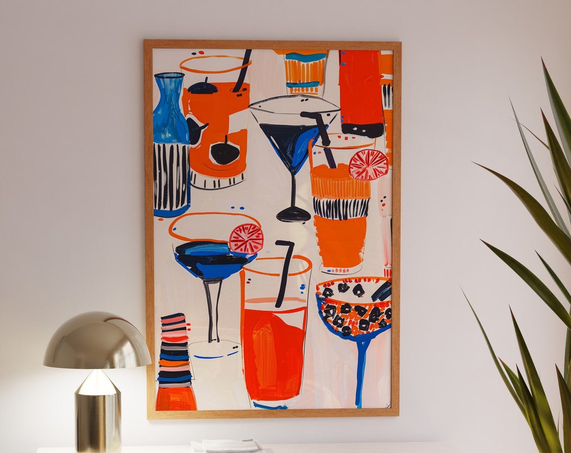 Cocktail Glasses Pattern Martini Orange Drinks Fun Art Poster