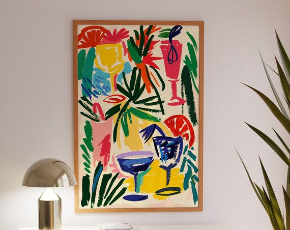 Tropical Cocktail Glasses With Palm Leaves Colorful Bar Art Poster