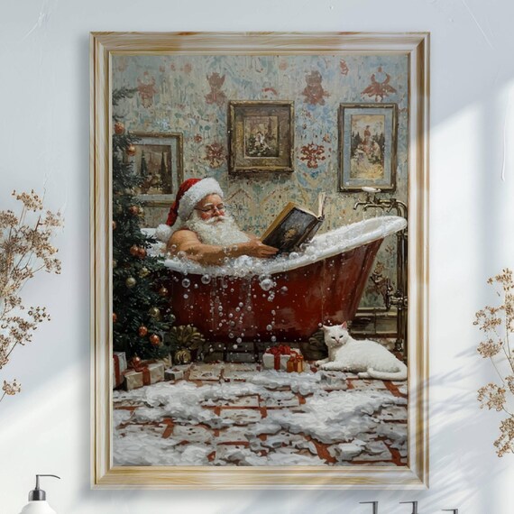 Santa Claus Reading In Bathtub Christmas Poster Print