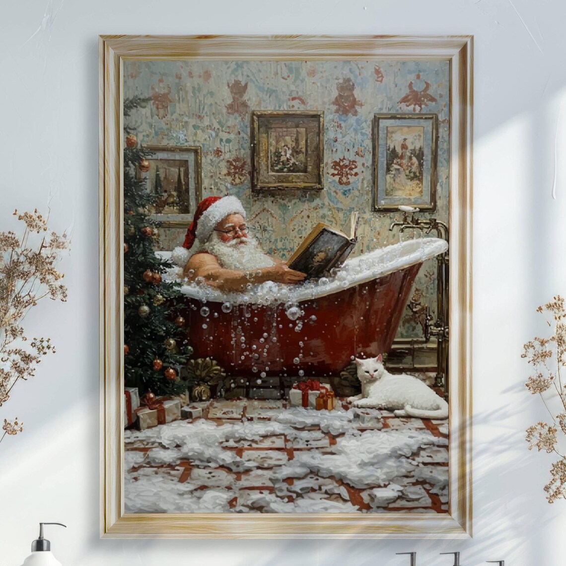 Santa Claus Reading In Bathtub Christmas Poster Print