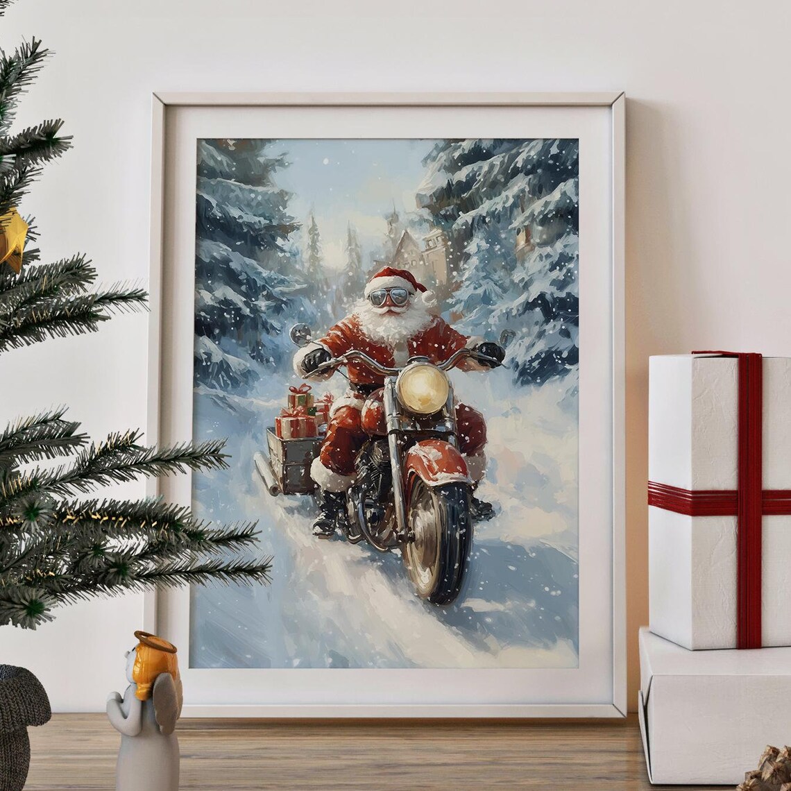 Santa Claus Riding Motorcycle Christmas Snowy Pines Gifts Poster - Image 3