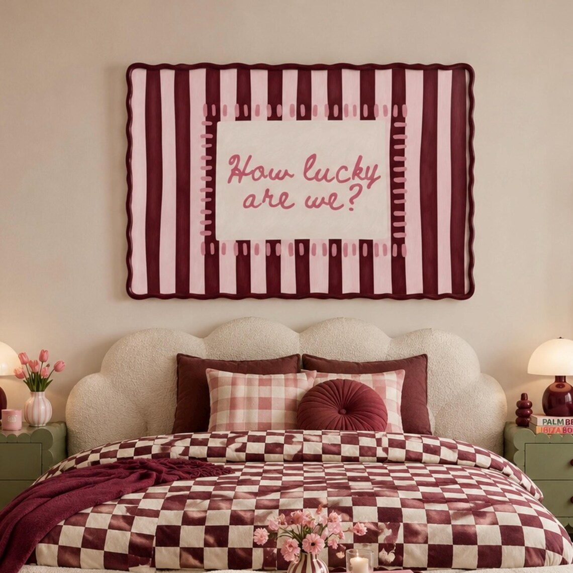 How Lucky Are We Quote Ruby Pink Striped Coquette Bedroom Typography Print