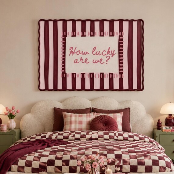 How Lucky Are We Quote Ruby Pink Striped Coquette Bedroom Typography Print