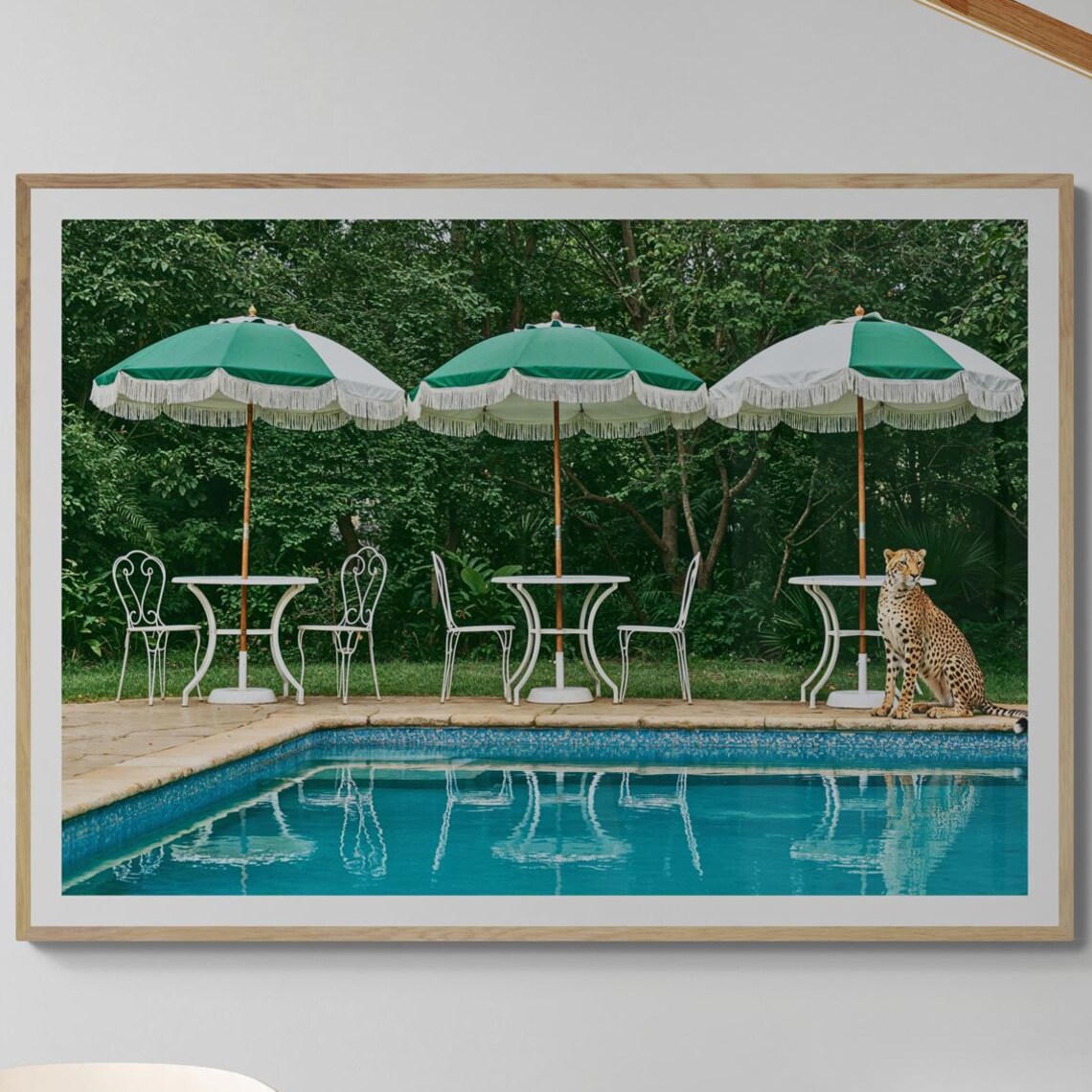 Cheetah By The Pool With Green Fringe Umbrellas Whimsical Art Print