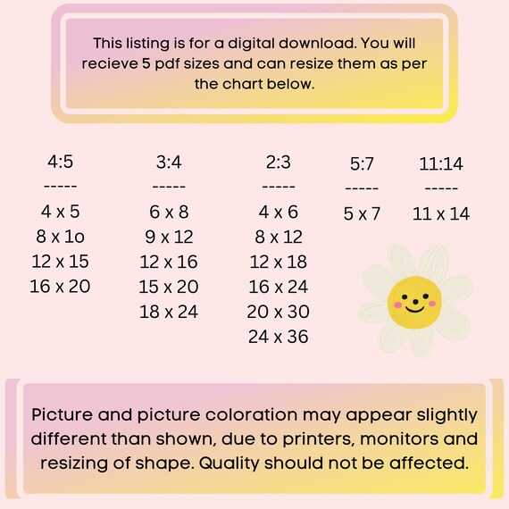 Digital Download Print Size Reference Chart Ratios 4x5 to 24x36
