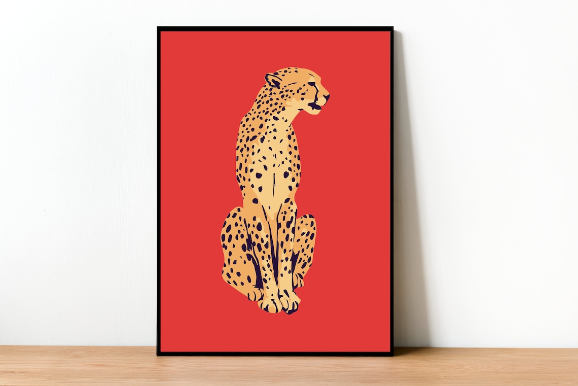 Sitting Cheetah Spotted Illustration Bold Red Background Animal Wall Art