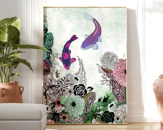 Japanese Wall Art Koi Fish Art Print Large Wall Art Colorful Fish Painting Feng Shui Decor Floral Japandi Art Housewarming Gift