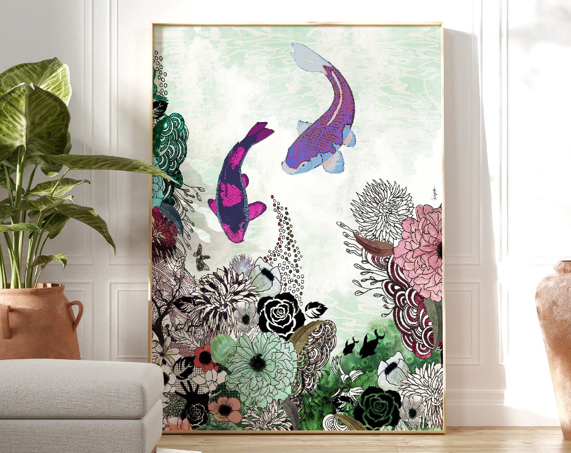 Japanese Wall Art Koi Fish Art Print Large Wall Art Colorful Fish Painting Feng Shui Decor Floral Japandi Art Housewarming Gift