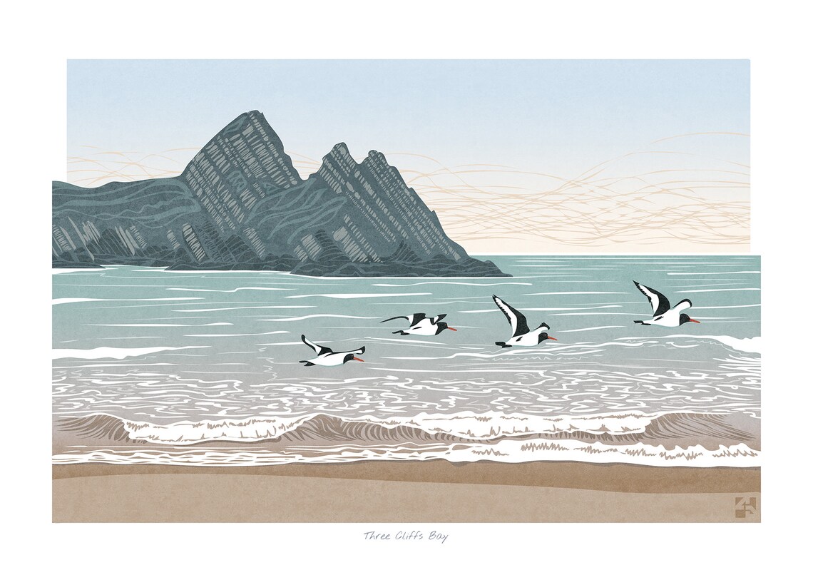 Oystercatchers at Three Cliffs Bay, Gower Travel Poster - Image 2
