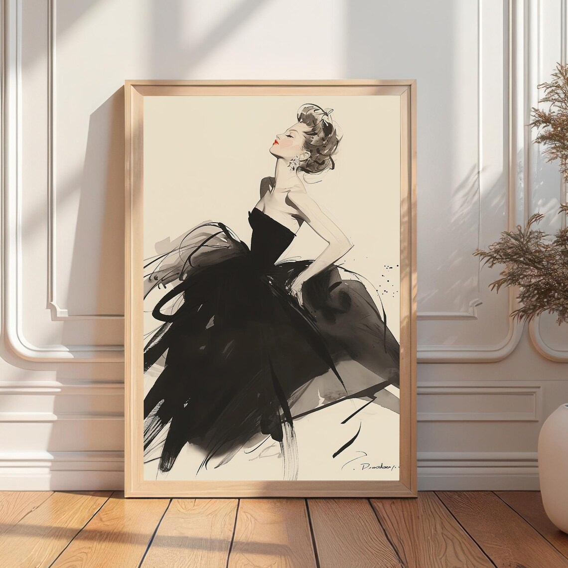 Poised Woman In A Dramatic Flowing Black Gown Expressive Ink Fashion Art Print