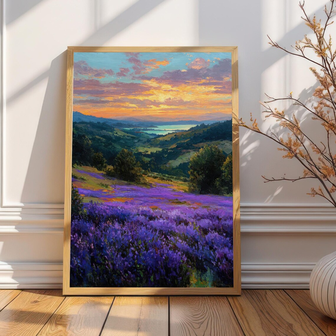 Enchanted Lavender Field Sunset Hills Landscape Painting Poster