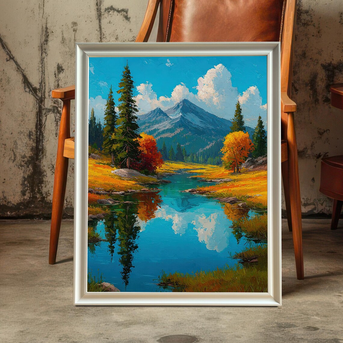 Autumn Mountain Forest Landscape Painting Wood Framed Wall Art Print