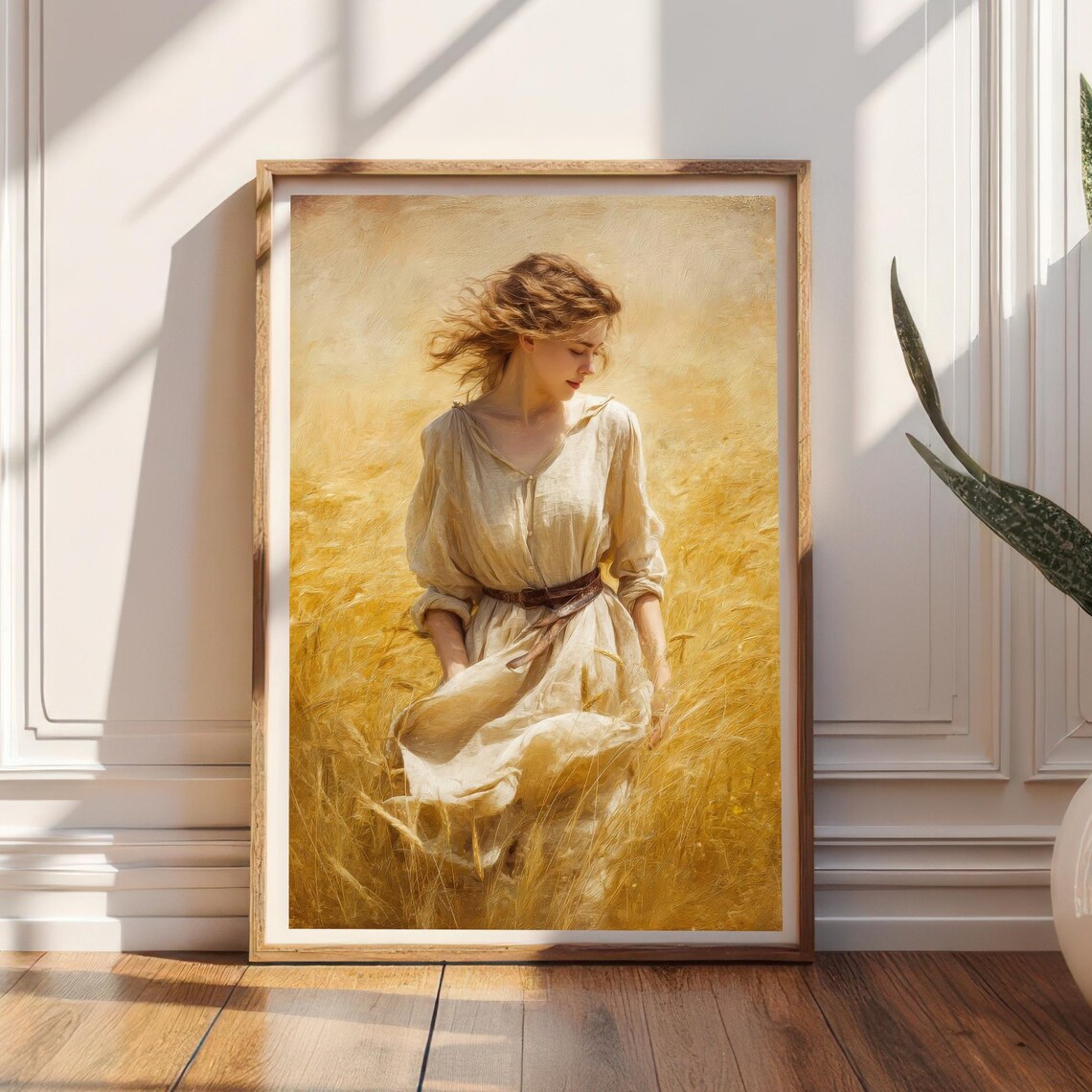 Woman In Golden Wheat Field Windblown Dress Painterly Style Wall Art