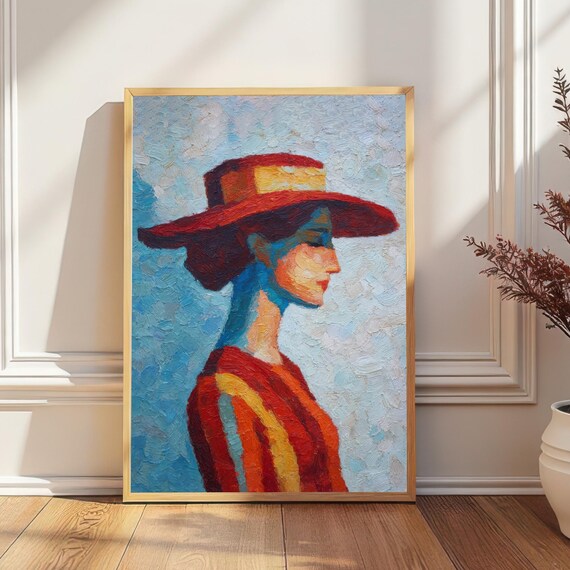 Impressionist Woman With Hat Art Colorful Portrait Vibrant Brushstroke Wall Modern Painting Poster