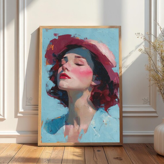 Elegant Woman in Pink Hat Impressionist Oil Portrait Art Poster