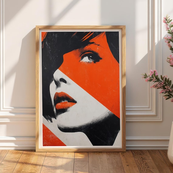 Split Profile Woman Orange Black Pop Art Graphic Face Poster