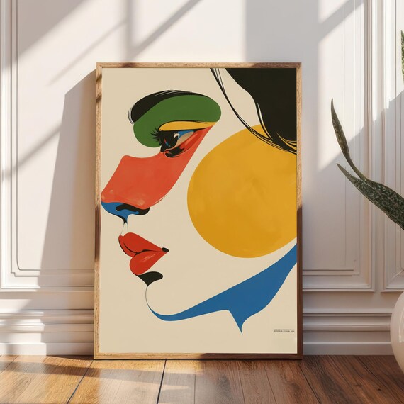 Vibrant Geometric Woman Face Art Print Colorful Abstract Modern Wall Expressive Female Portrait Decor