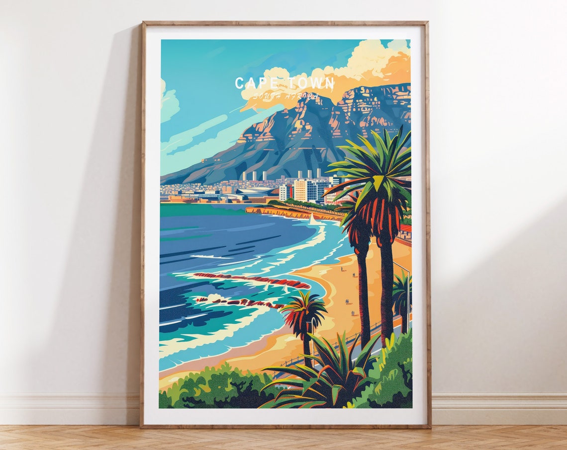 Cape Town South Africa Table Mountain Beach Palms Travel Poster
