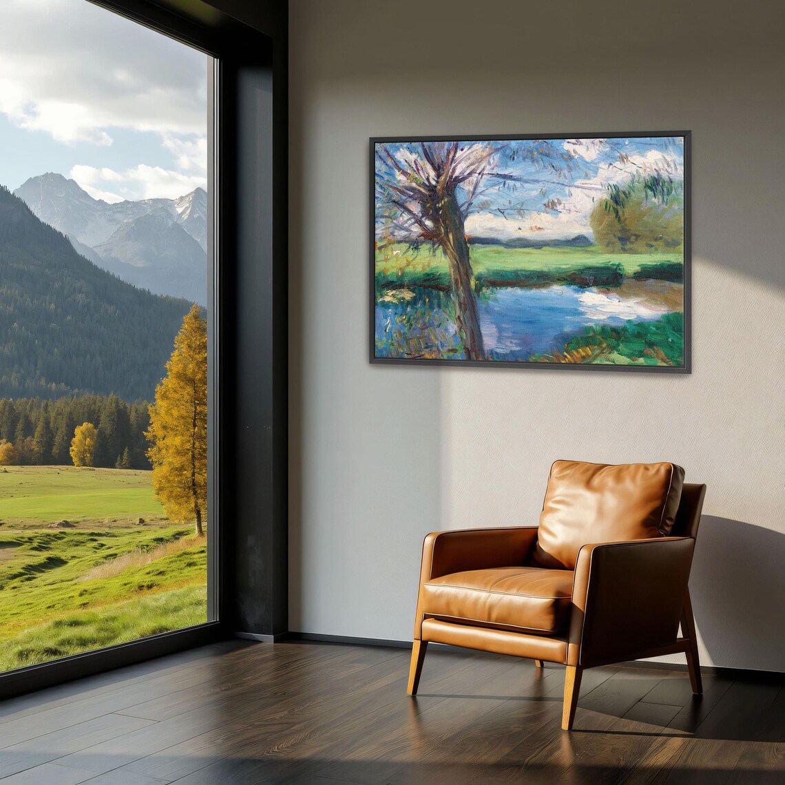 Framed Wall Art Of River Landscape With Trees And Sky Landscape Print Blue And Green Bedroom Artwork Rustic Oil Painting - Image 3