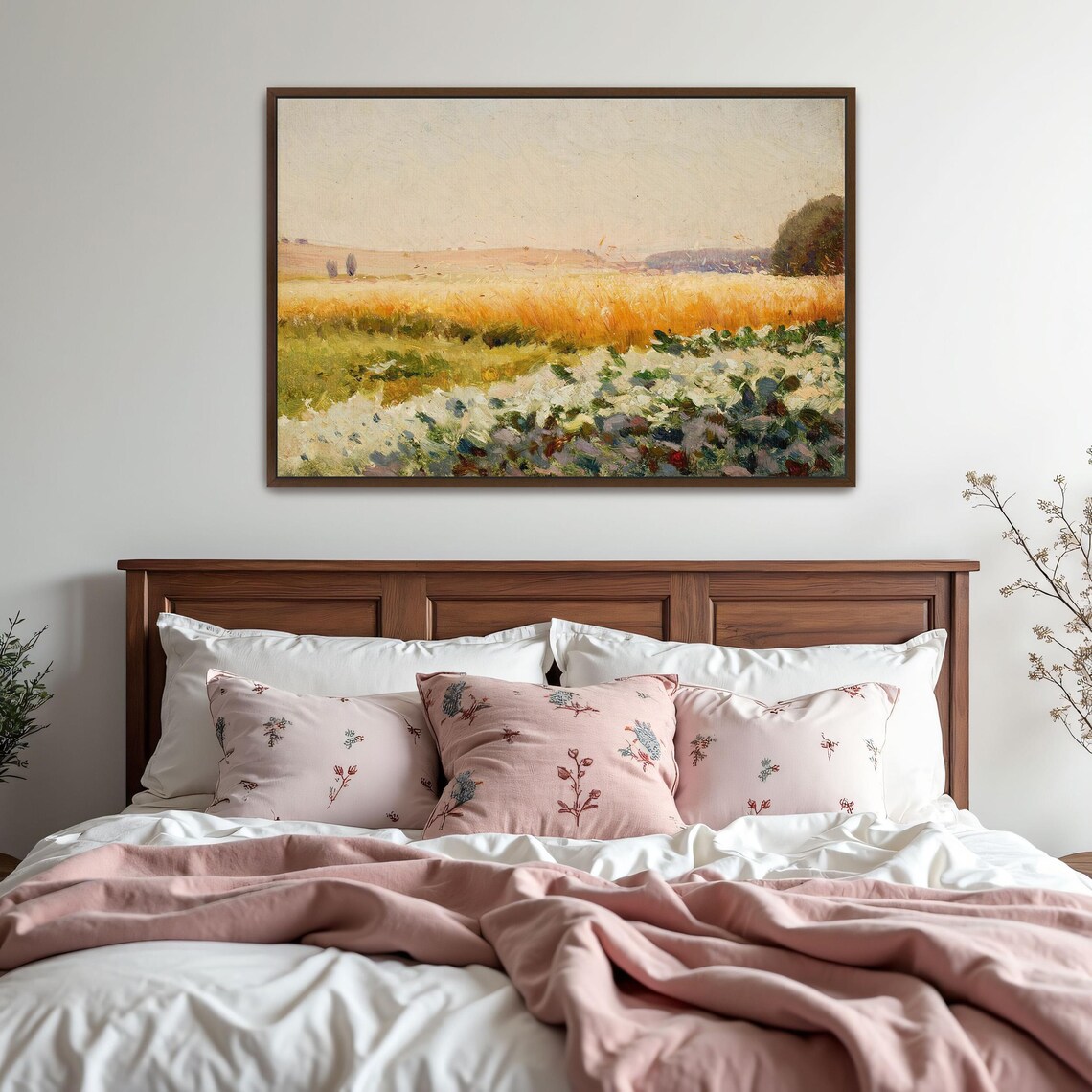 Framed Wall Art Of Field Of Cabbage With Distant Trees Landscape Wall Art Green And White Entryway Decor Rustic Oil Painting - Image 2