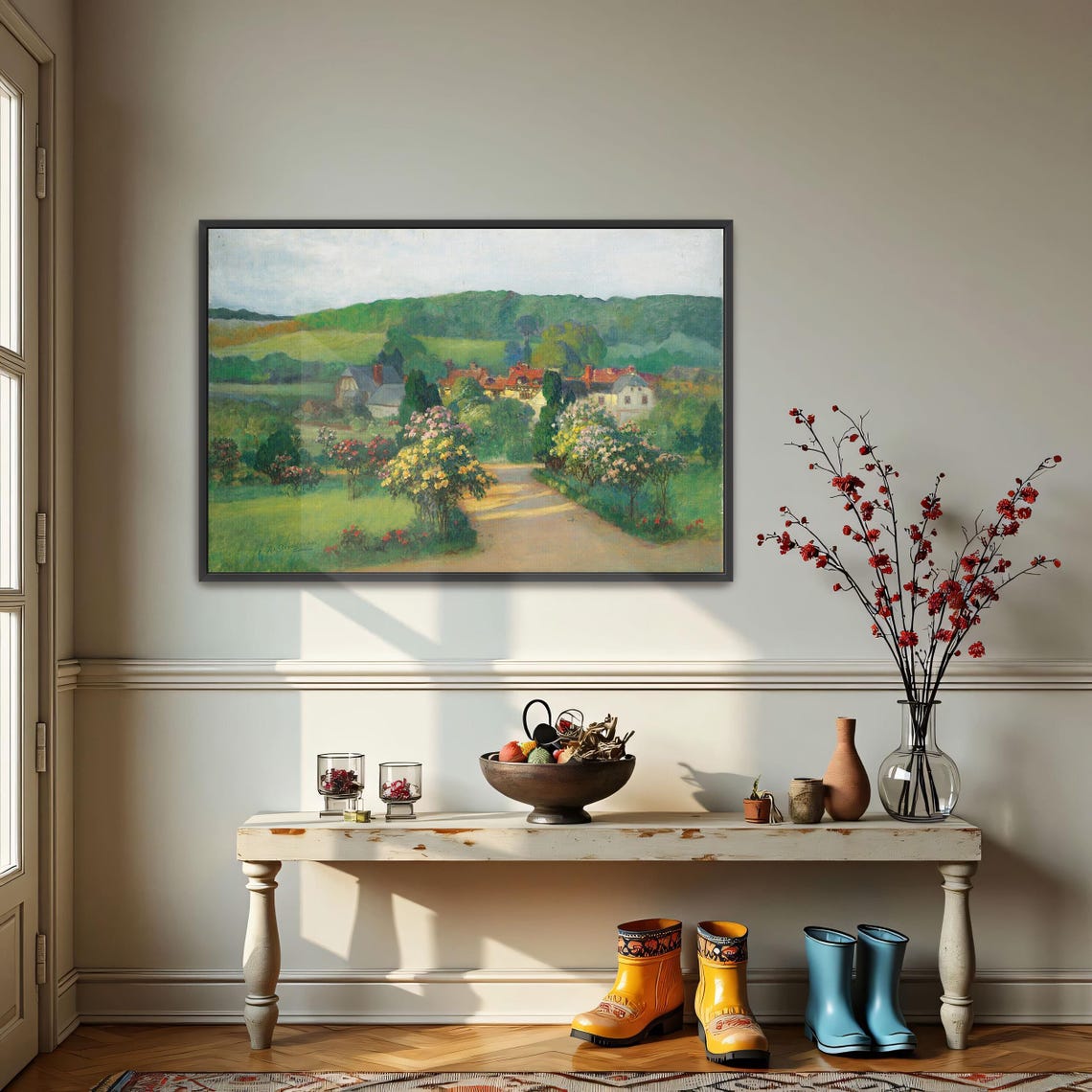 Framed Print Of Village Landscape With Flowers Landscape Wall Art Green And Yellow Bedroom Art Print Rustic Oil Painting - Image 3