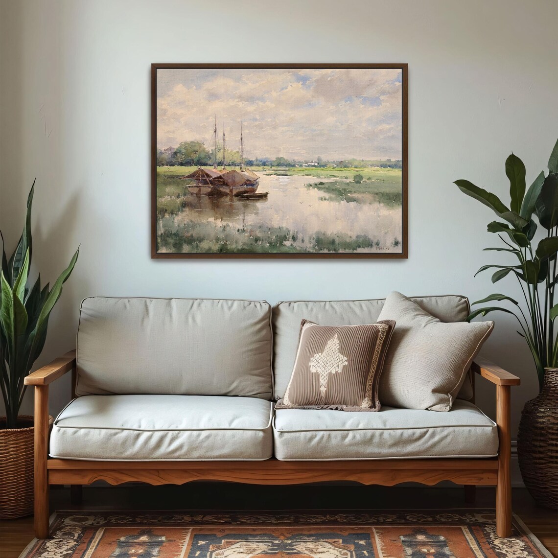 Large Framed Print Of River Scene With Boats And Trees Landscape Wall Art Green And Blue Bedroom Artwork Minimalist Art - Image 5