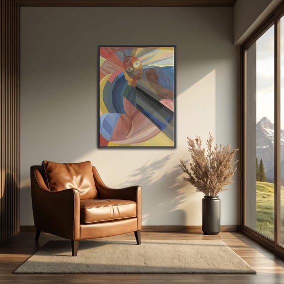 Framed Print Of Abstract Portrait With Geometric Shapes Geometric Print Blue And Yellow Living Room Art